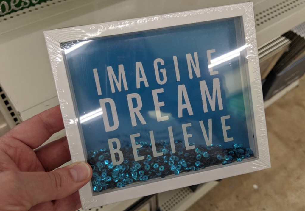 "Imagine Dream Believe" Blue Sentiment Shadowbox with Sequins from Dollar Tree