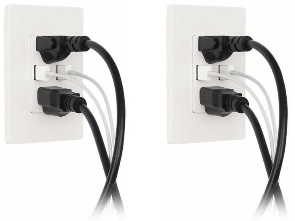 Insignia 3.6A USB Charger Wall Outlet with usb cords and plugs in