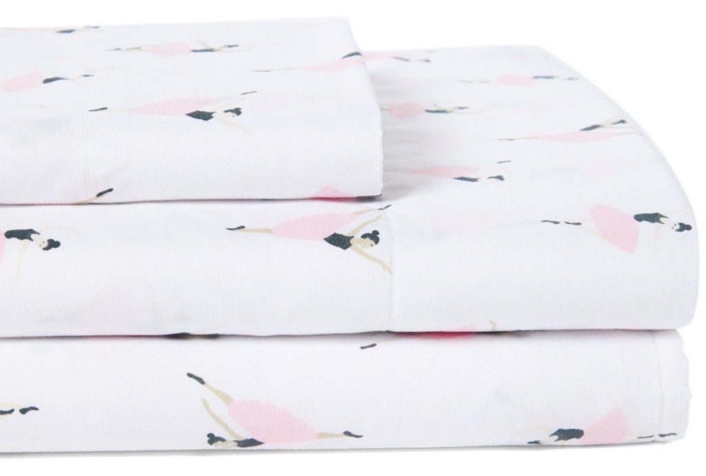 Ballerina print kids sheet set with matching pillow case, folded and stacked