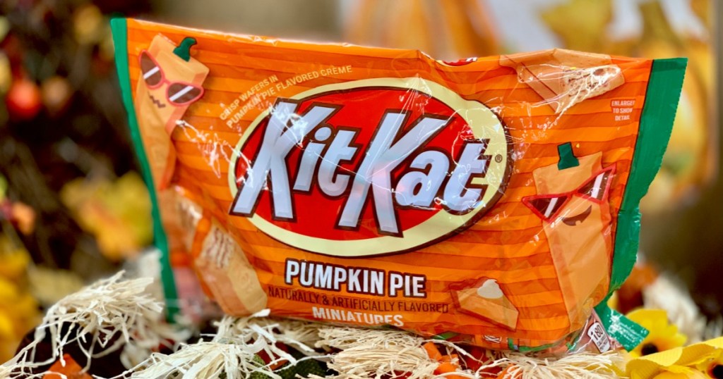 Bag of Kit Kat Pumpkin Pie on straw bale