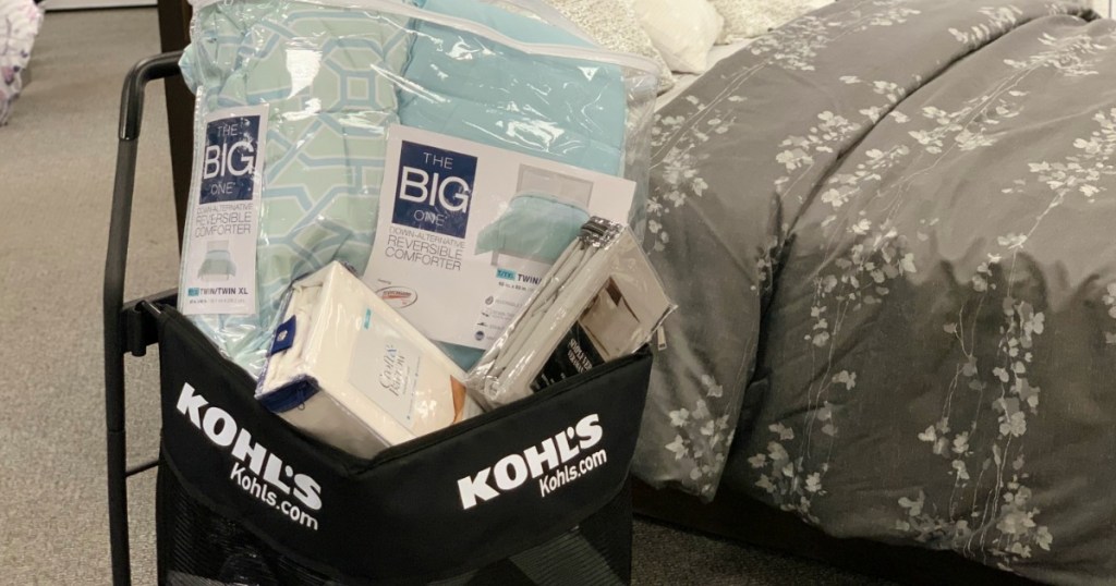 Kohl's cart filled with bedding inside Kohl's store