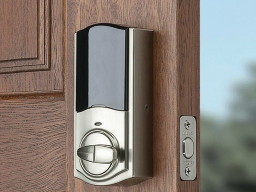 Nickel finish smart lock on door