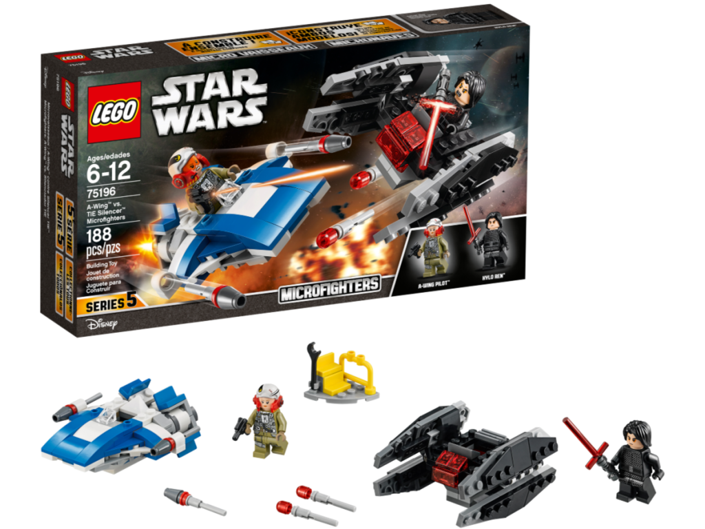 LEGO Star Wars The Last Jedi A-Wing vs. TIE Silencer Microfighters Building Kit with all contents shown