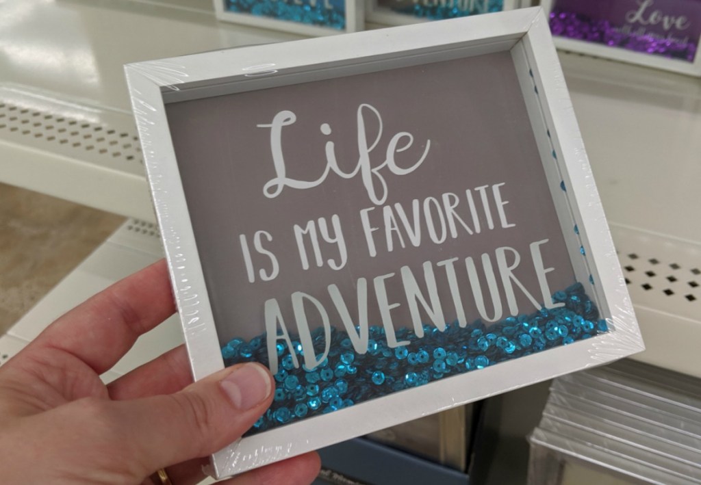 "Life is My Favorite Adventure" Sentiment Shadowbox with Sequins in Gray & Blue