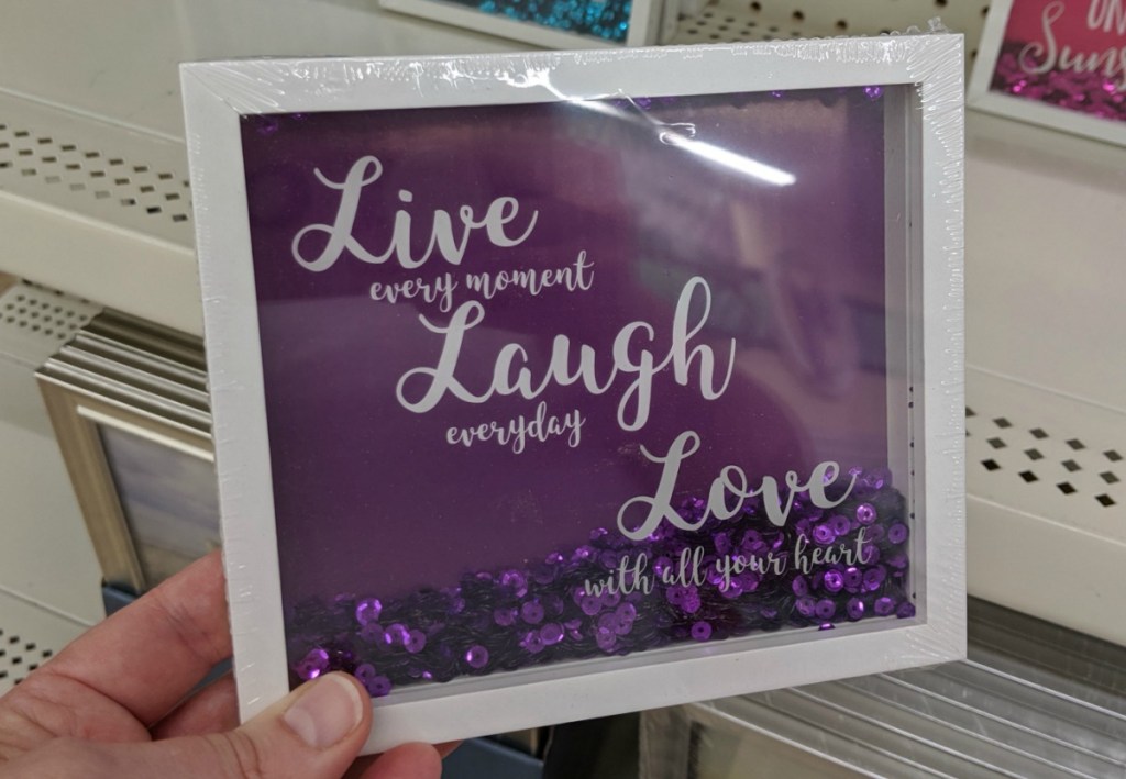 "Live Laugh Love" Purple Shadowbox with Sequins from Dollar Tree