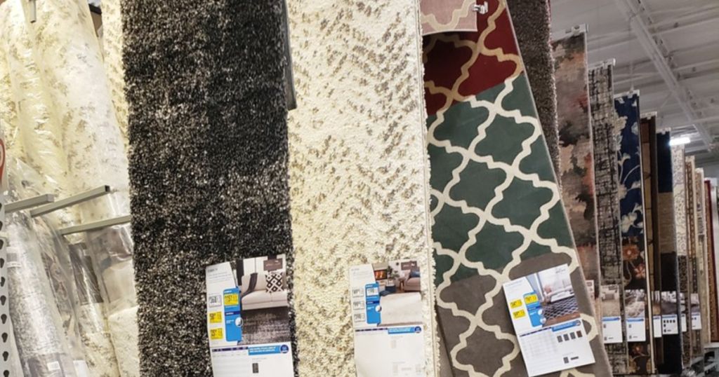 Lowe's Area Rugs hanging in-store