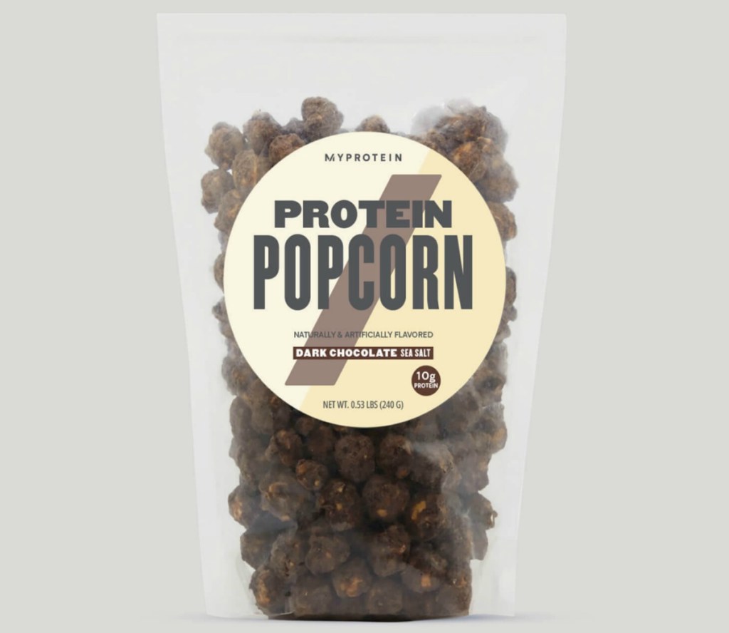 Dark chocolate flavored popcorn in a half-pound bag