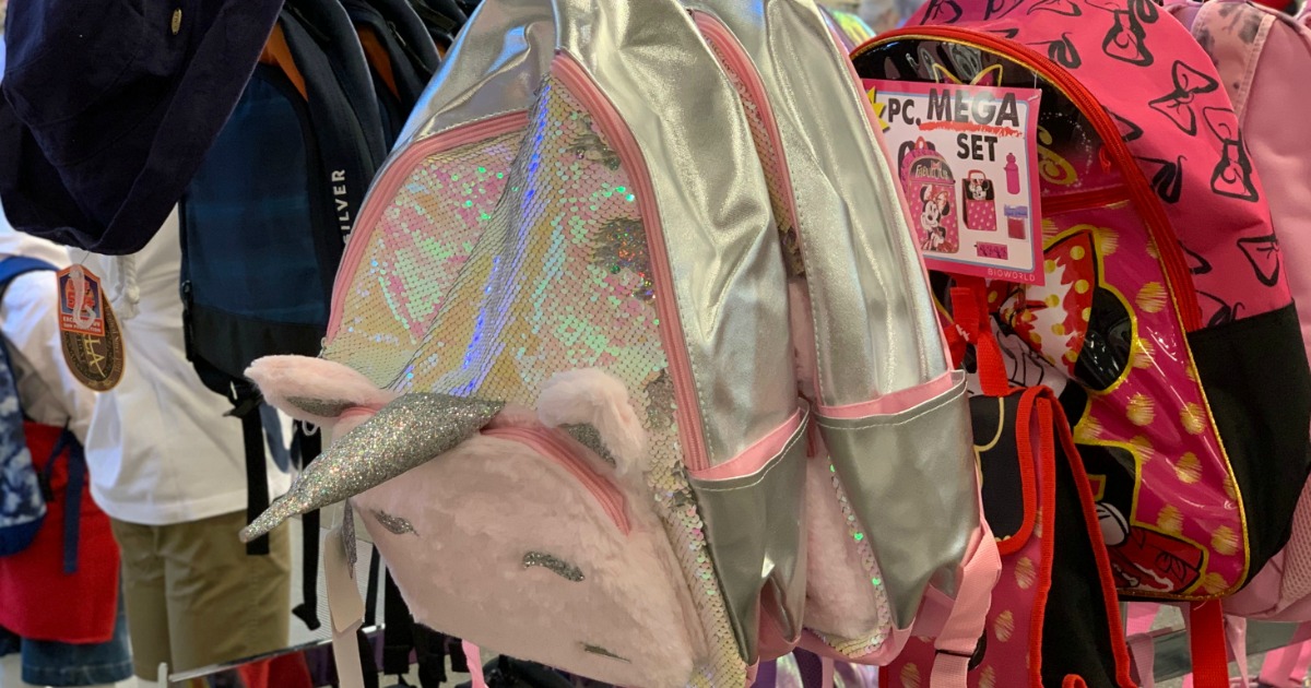 Unicorn themed kids backpack at Macy's on rack in store