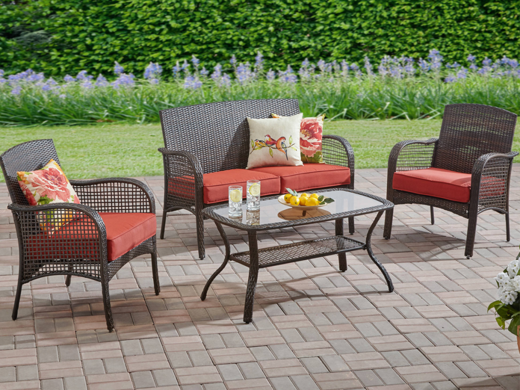 Mainstays Cambridge Park 4-Piece Outdoor Conversation Set with Red Cushions