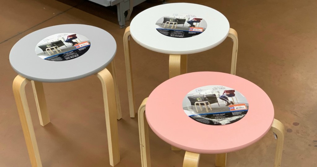 Three side tables in various colors from Walmart