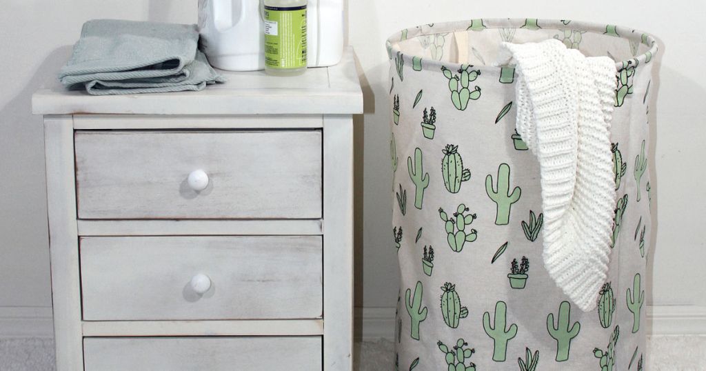 Mainstays Round Collapsible Cactus Canvas Hamper in room