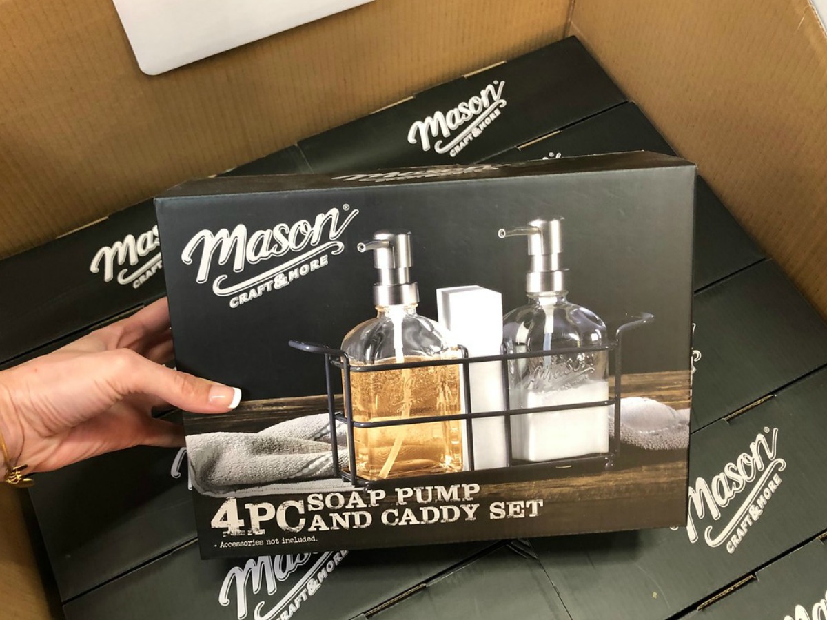 Mason Craft & more 4-Piece Glass Soap Pump and Caddy Set in box at store