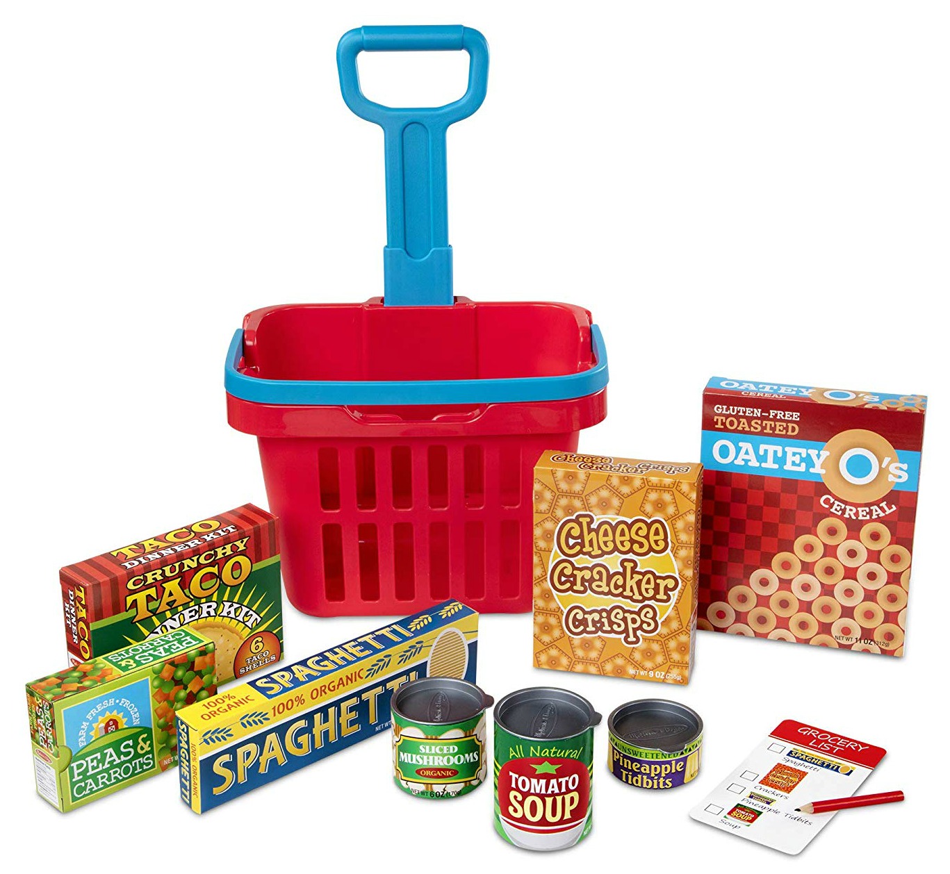 Melissa & Doug toy grocery basket with play food