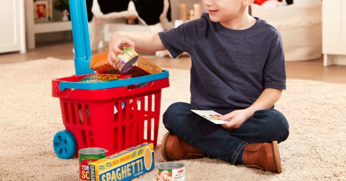 boy playing with a toy shopping basket and play food