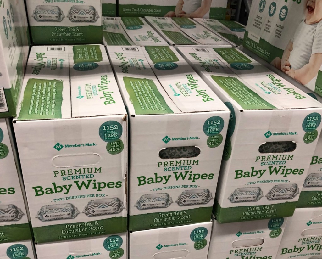 Members Mark brand baby wipes in extra large boxes, stacked, at Sam's Club