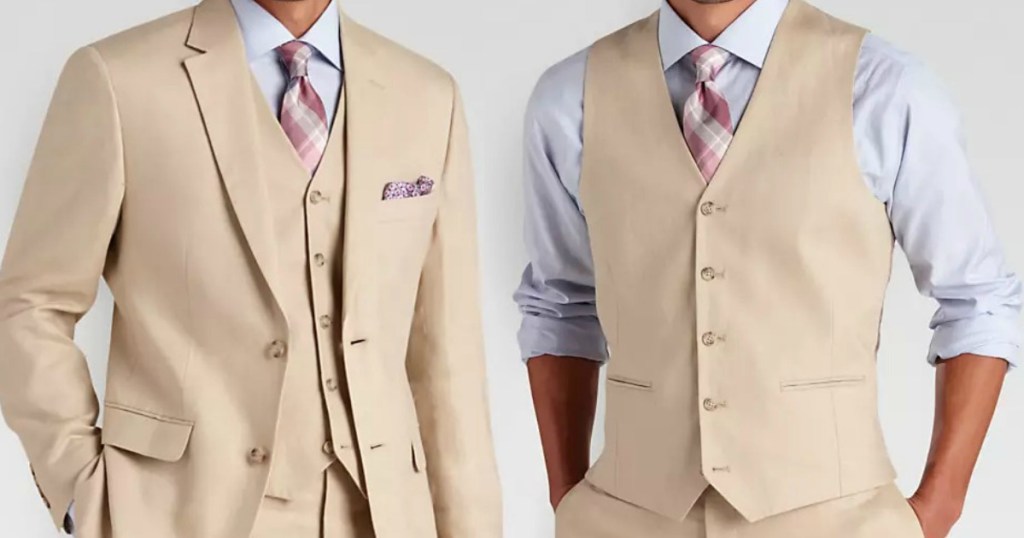 Men in linen suits with coordinating vest