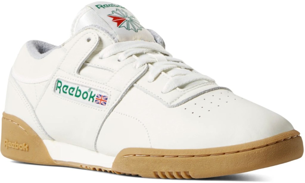 White workout shoes from Reebok with red and green logo