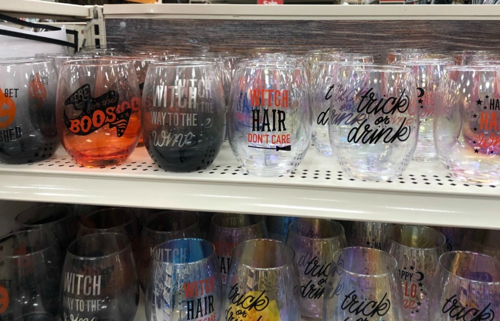 Halloween themed wine glasses at Michael's on shelf in store