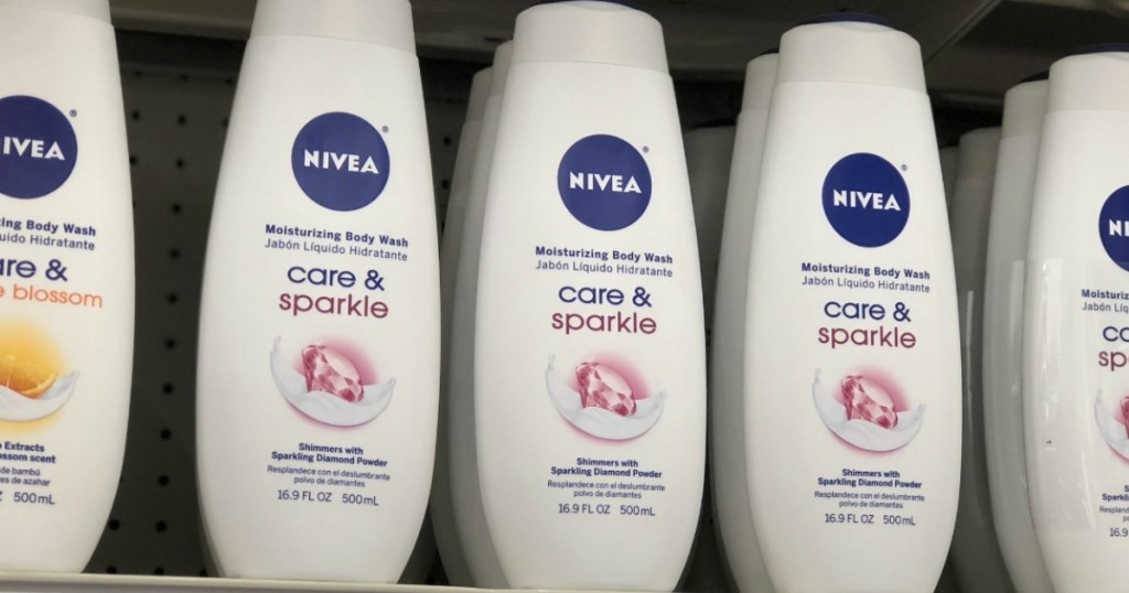 Bottles of NIVEA sparkling body wash on shelf at store