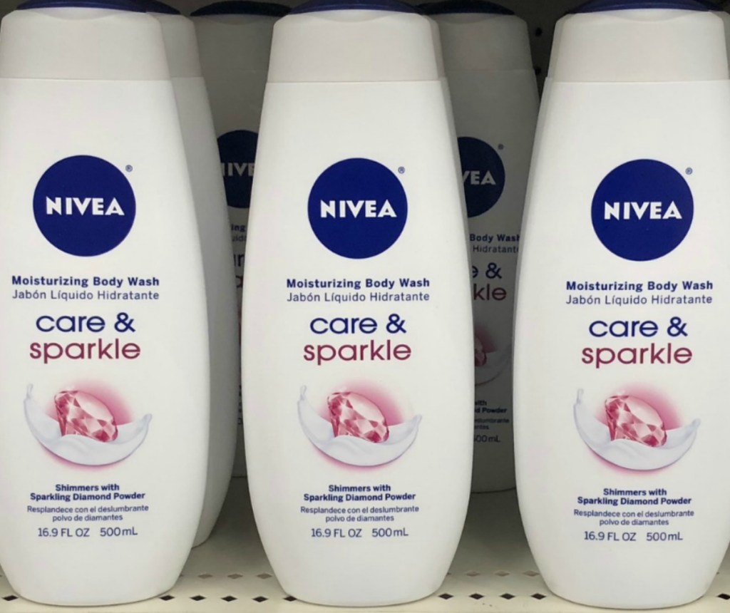 NIVEA brand sparkling body wash on store shelf