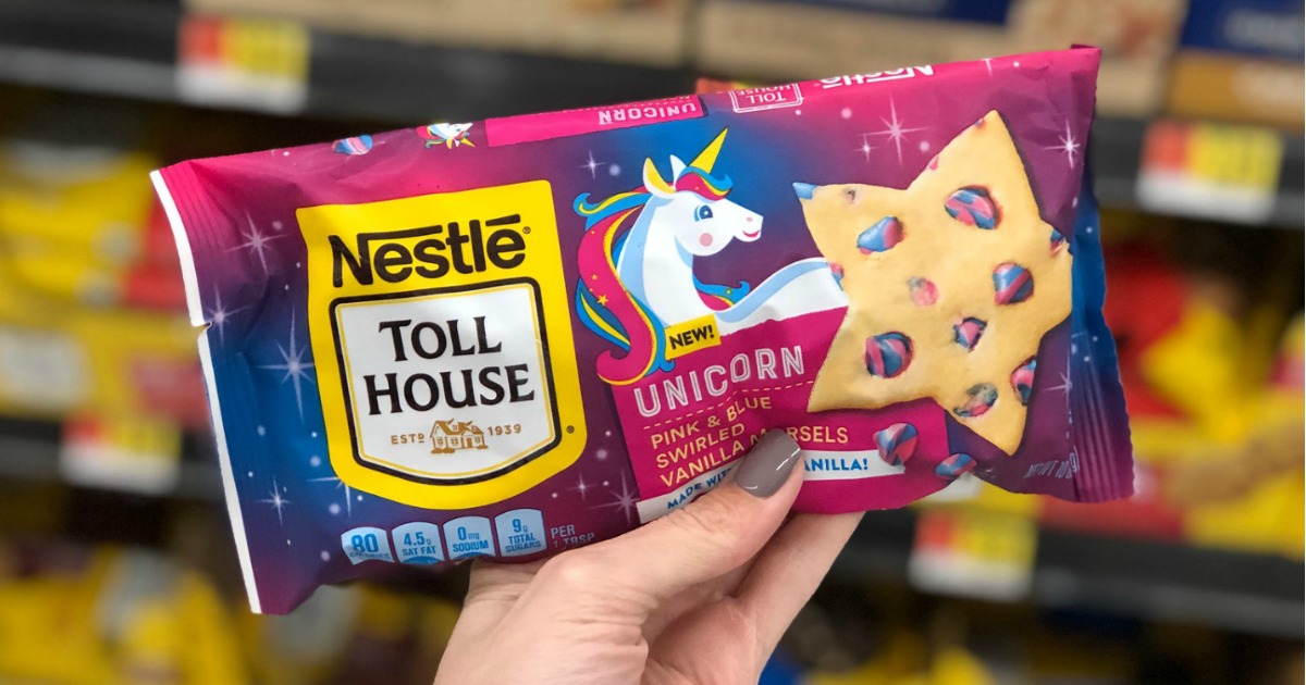 hand holding bag of Nestle toll house Unicorn Morsels in store