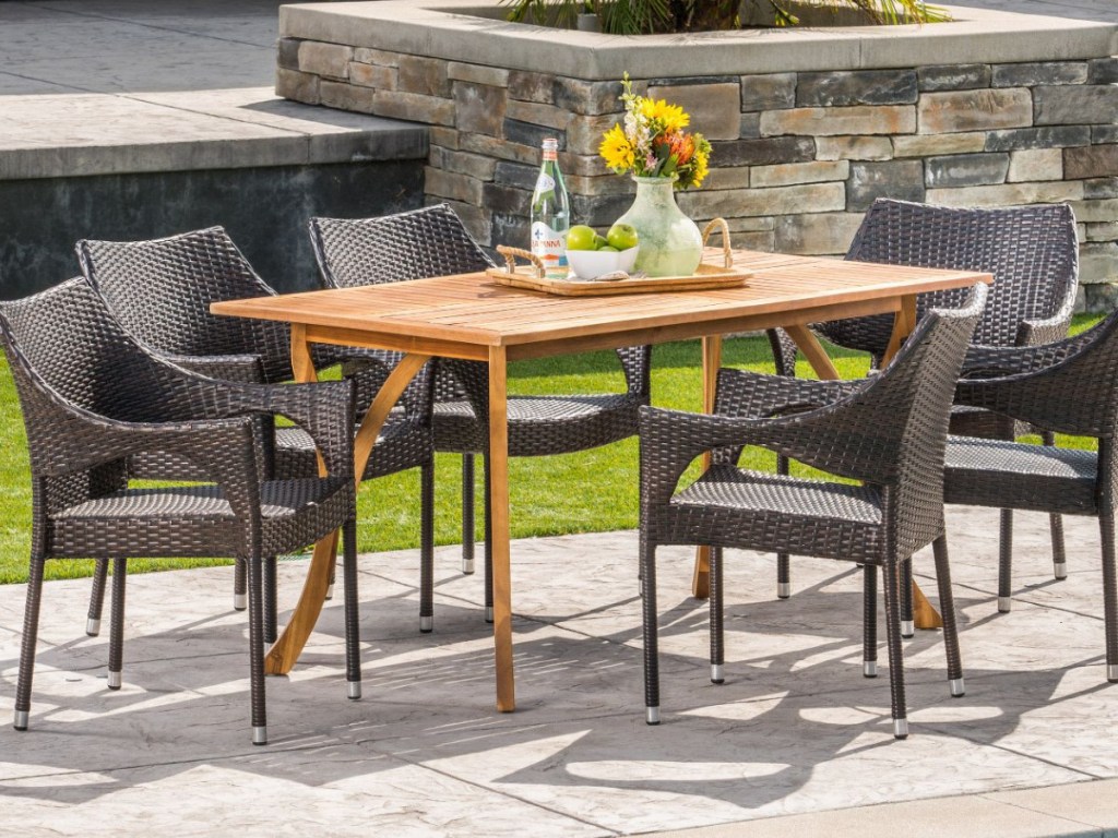 Nora 7pc Acacia & Wicker Dining Set - Teak/Brown - Christopher Knight Home