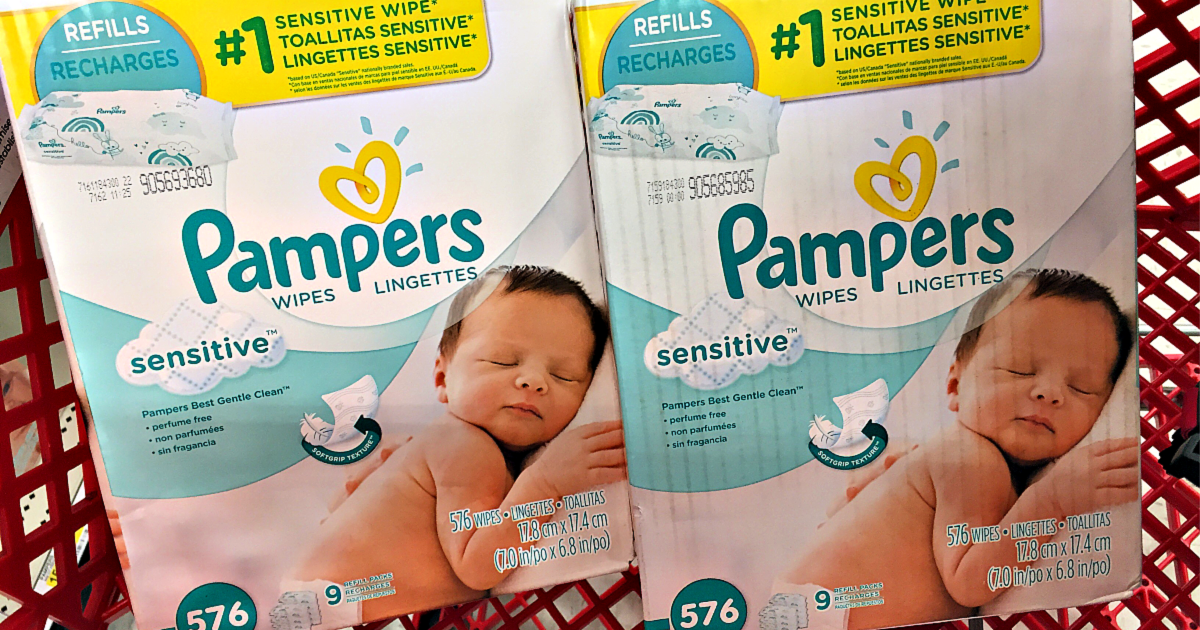 two Pampers Sensitive Wipes 576-Count boxes in a cart