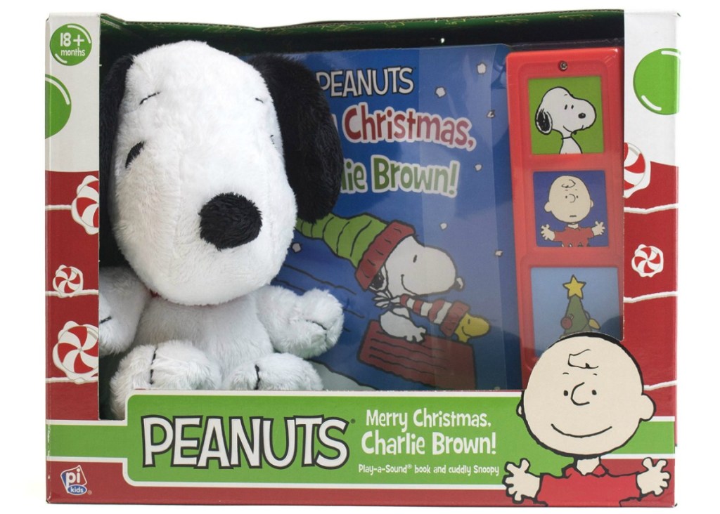 Snoopy plush toy in Peanuts story book gift set box