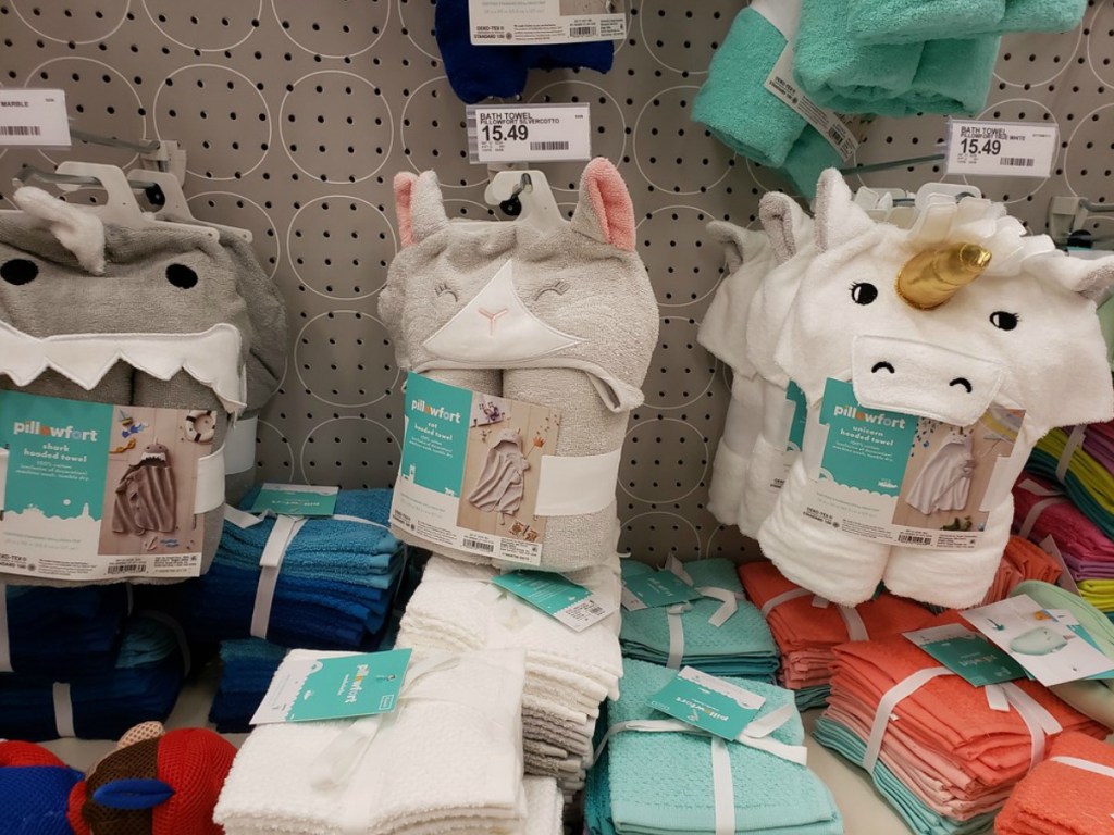 Pillowfort towels on the shelf at Target