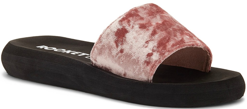 Black slide sandal for women from rocket dog with pink velour