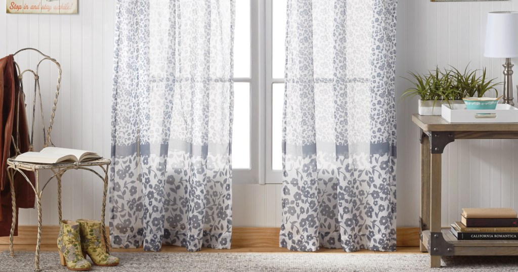 gray floral pioneer woman curtains in living room