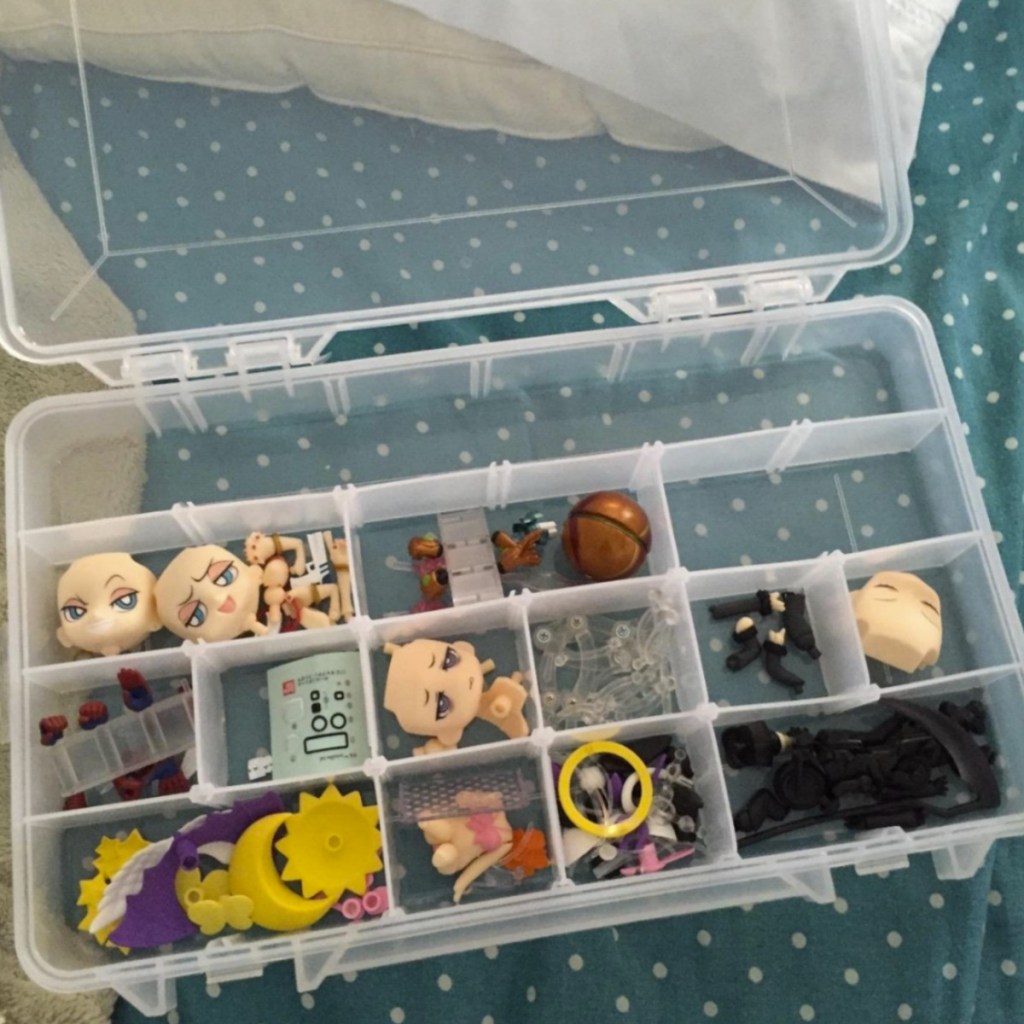 Doll parts stored in tackle box with many compartments