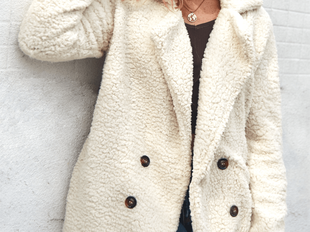 Plush Sherpa Jacket in beige close up woman wearing a necklace