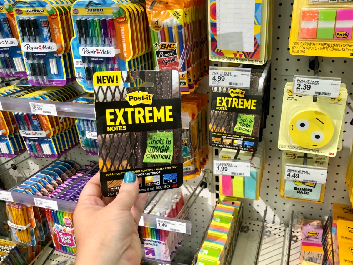 Post-It Extreme 3-pack hanging on Target school supply shelf