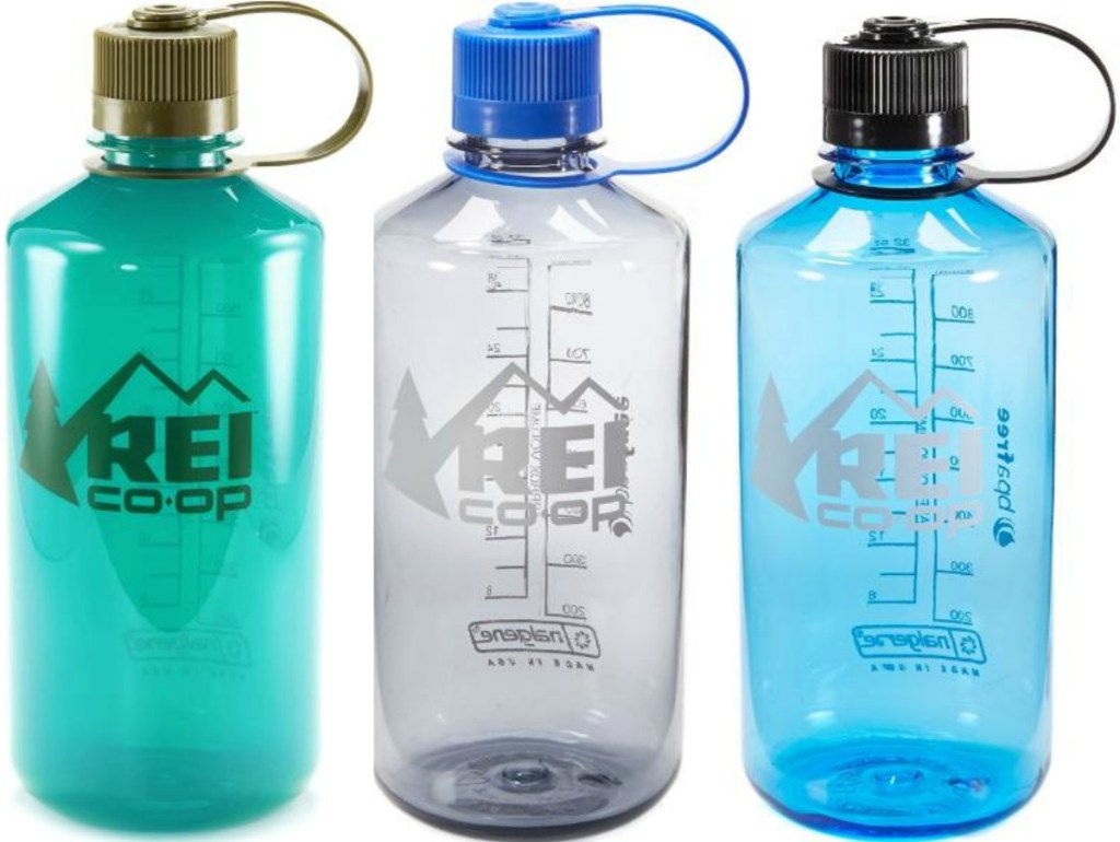 REI Nalgene brand water bottles in a white blue and green