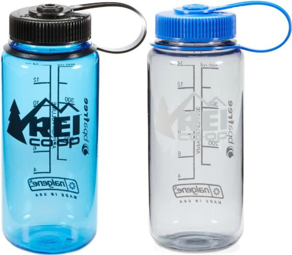REI brand water bottles in blue and clear with blue top 