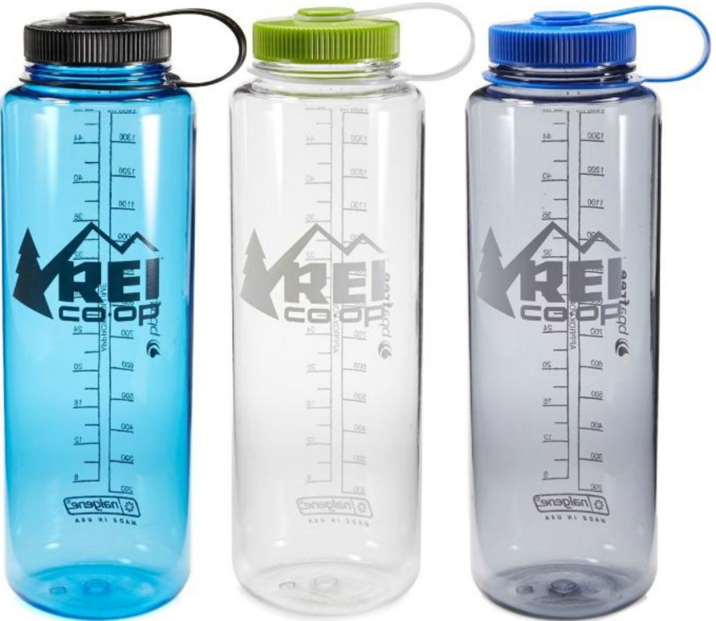 Extra Large Wide Mouth water bottle from REI Co-op in gray, blue, and clear with green lid