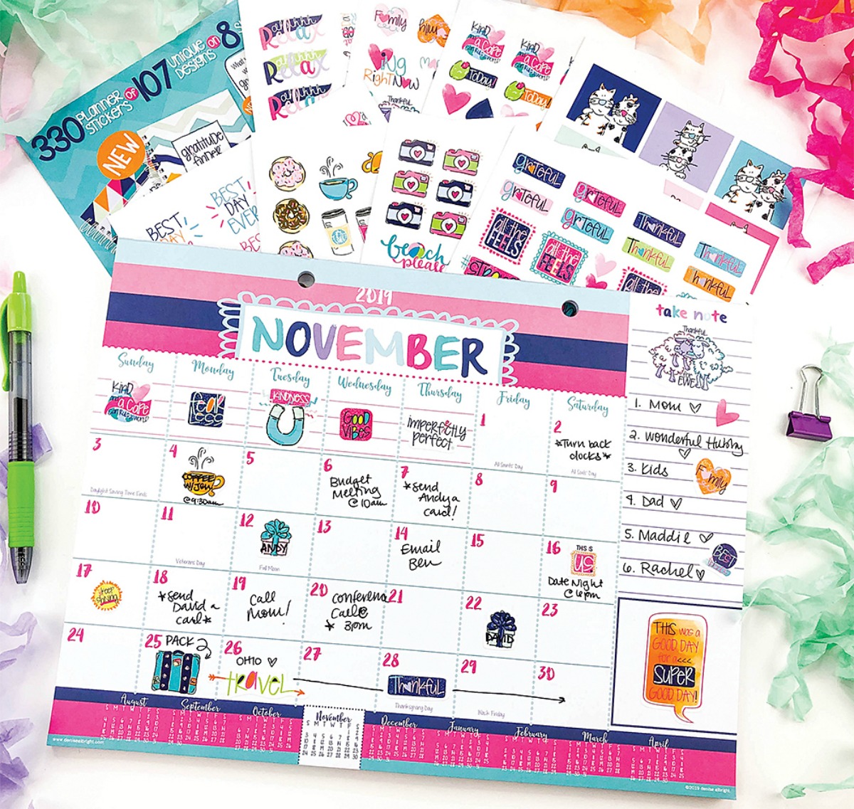 Reminder Binder desk calendar with stickers and a pen