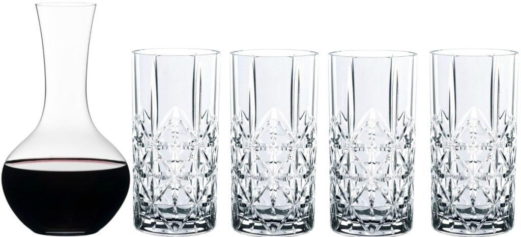 a four pack of Riedel long glass drinkware with a balloon decanter 
