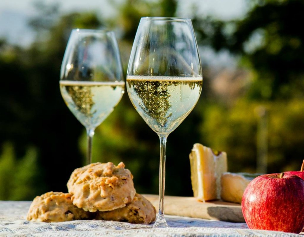 Two prosecco glasses from Riedel at an outdoor picnic with cheese, an apple, and biscuits