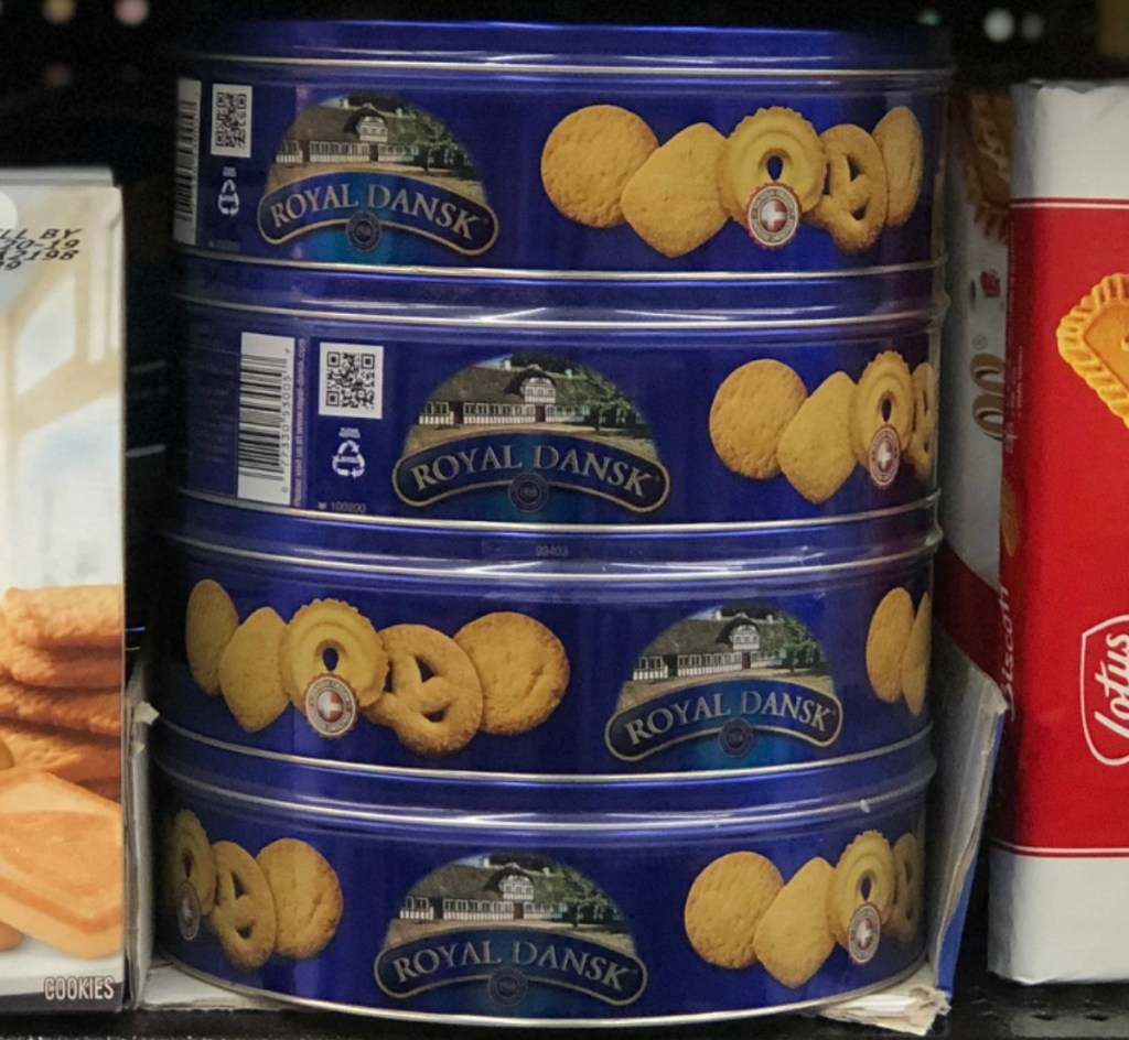 Stack of Danish butter cookies in store on shelf
