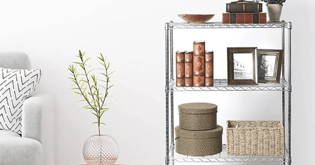 Seville Classics 4-Shelf Wire Utility Storage Rack in living room with home decor