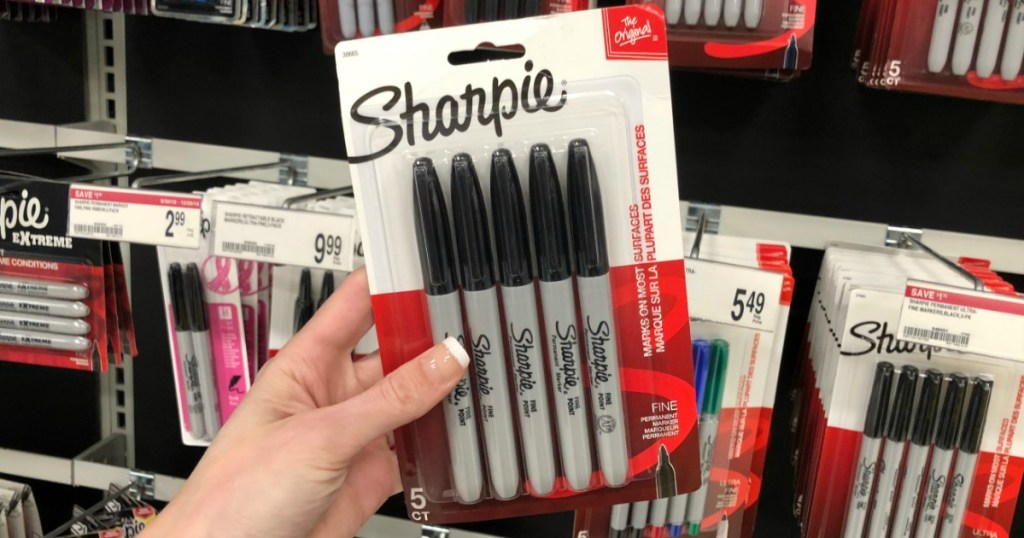 Five pack of Sharpie brand permanent marker in package in store
