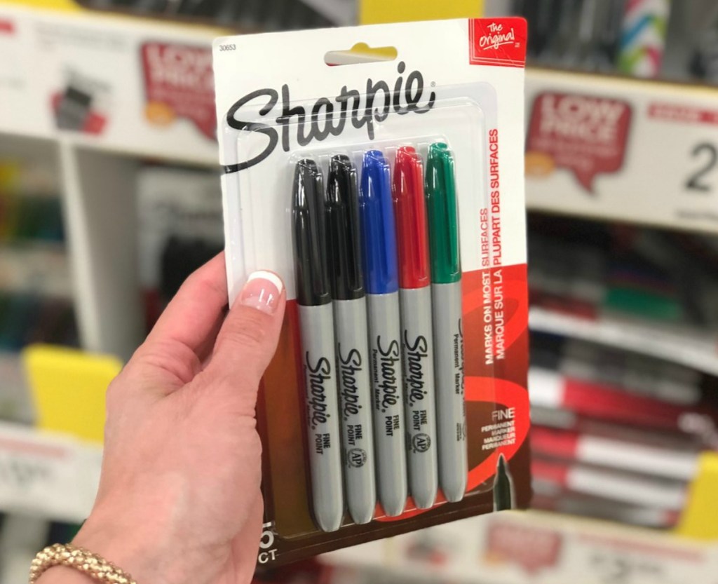 Sharpie brand permanent markers in a five pack of assorted colors in package