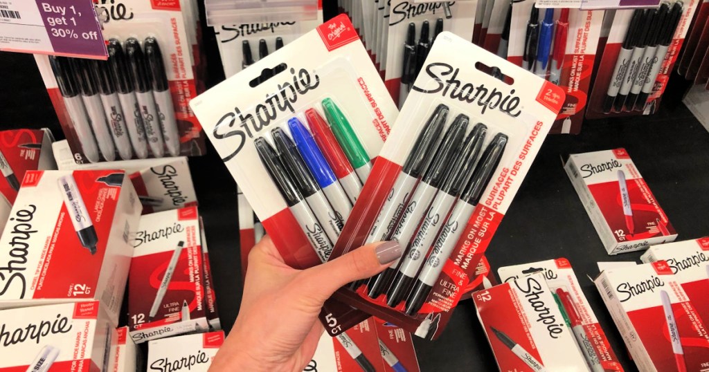 Five pack of Sharpie brand permanent marker in package black and multicolor in store