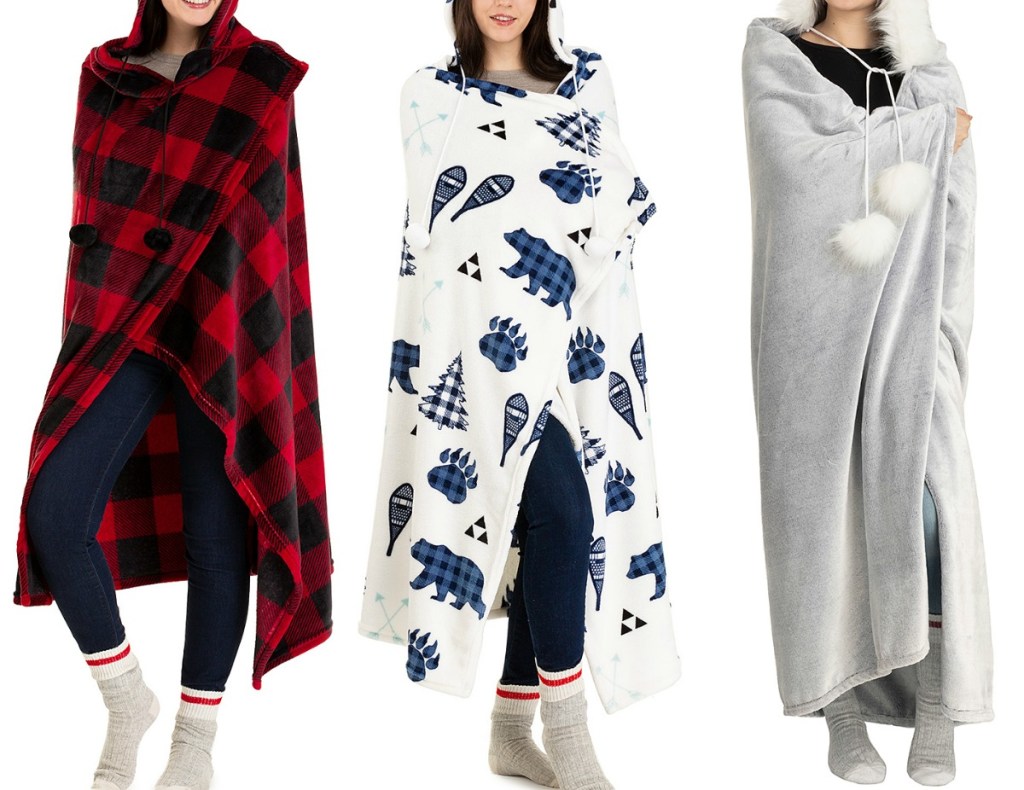 Sherpa lined hooded blankets in a variety of colors and prints from Zulily