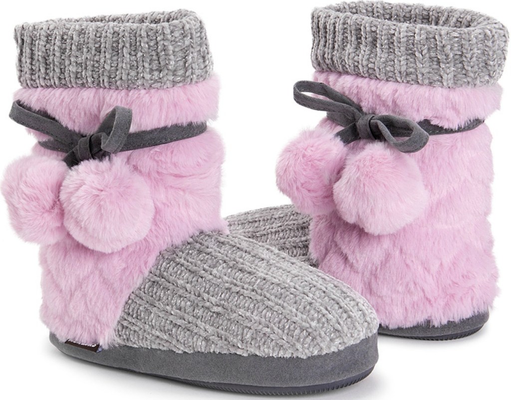 Gray and Pink Yarn Slipper Boots for Women