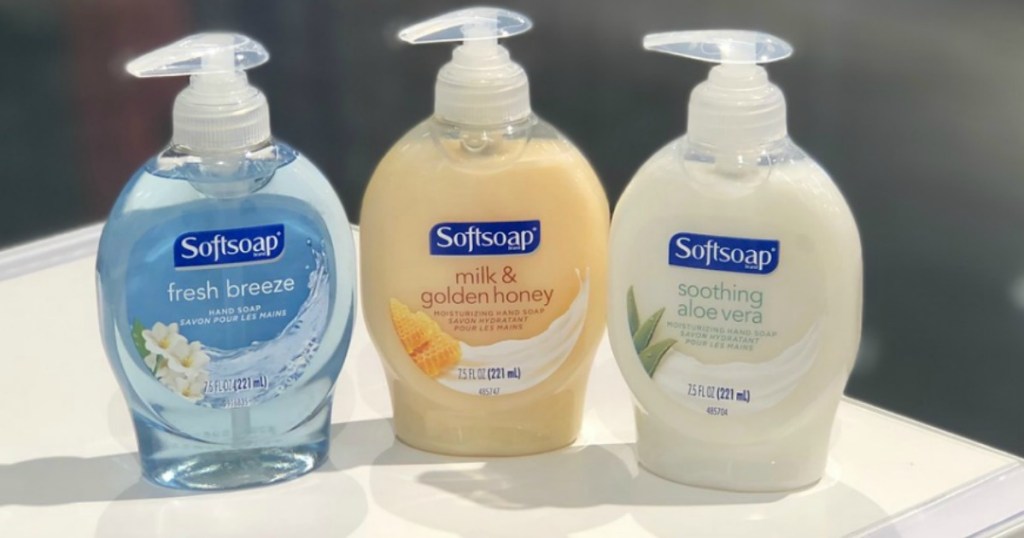 Three scents of softsoap brand hand soap on table top in store