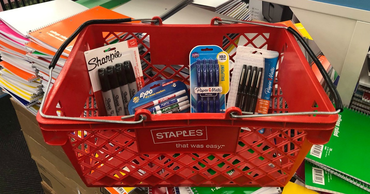 Staples basket full of pens and markers
