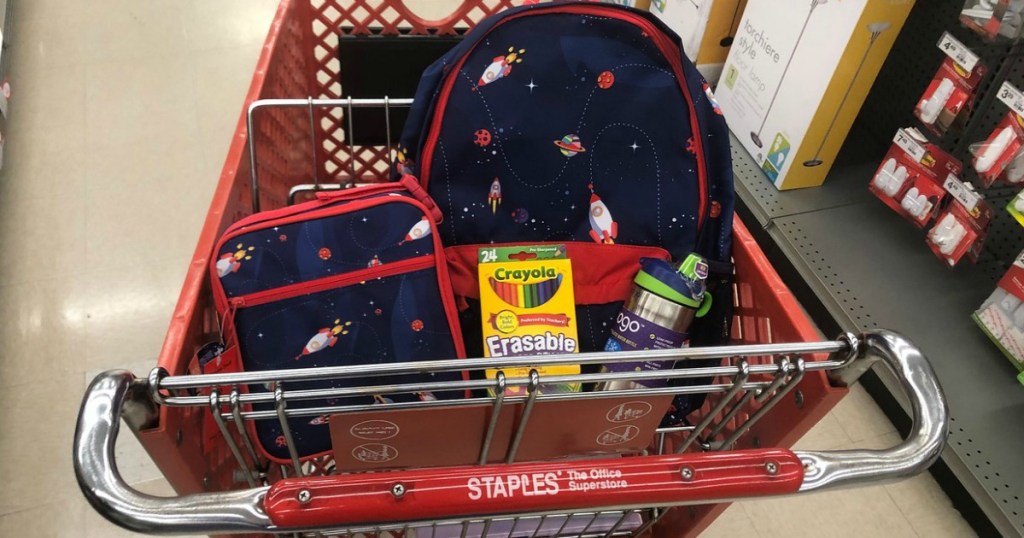 school supplies in a Staples cart